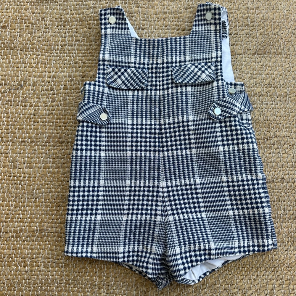 Vintage 70’s 80’s navy blue and plaid shortall Jon Jon overalls. 12 m